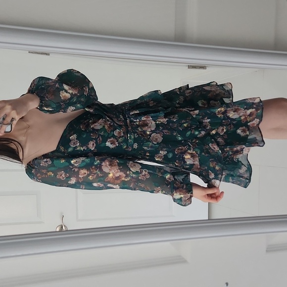 Athome - Surplice-Neck Fit & Flare Foiled Ruffle Dress, Hunter Floral, Size XS - Picture 2 of 12